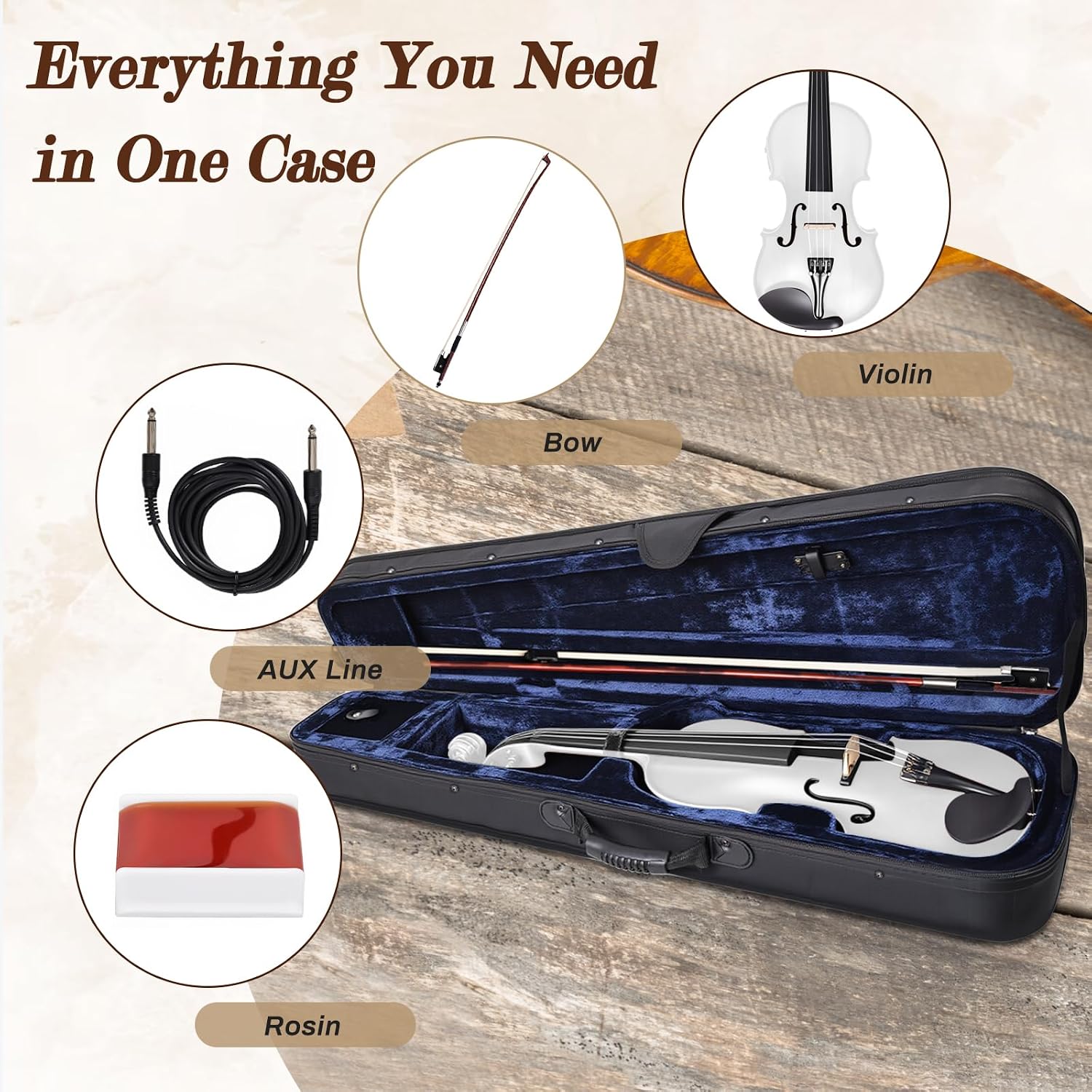 Electric/Acoustic Violin with Ebony Accessories with Carrying Case, Violin Bow, Bridge, Shoulder Rest, Stickers, Tuner, Instruction, Handcraft with Maple, Spruce (White)