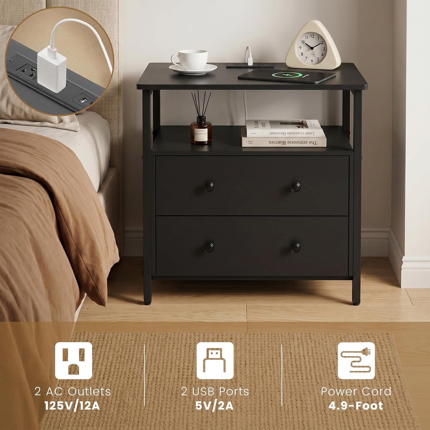 Edbuosy 27 inch Wide Night Stand Set 2 with Charging Station, Bedside Table with Open Shelf, 2 Drawers Small Wood Dresser, Modern Wood Nightstand for Bedroom/Living Room (Black)