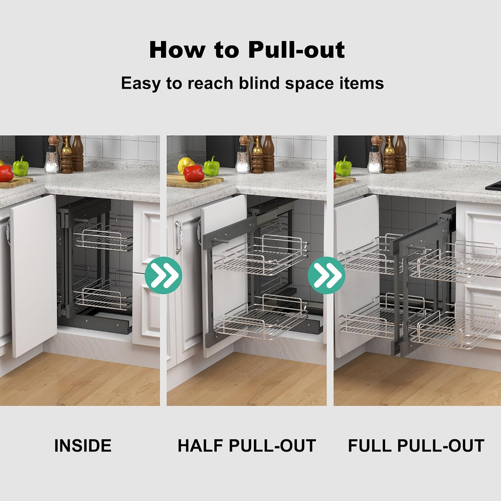 Blind Corner Cabinet Pull Out 2 Tier 4 Shelves Magic Corner Kitchen Cabinet Pull Out Shelf Organzier Soft Close Bottom Mount Min Opening 15in，Metal