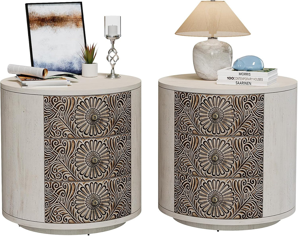 SUNBURY Round Night Stand Set of 2, Farmhouse Bedside Table, Farmhouse End Table, Vintage Wood Nightstand with Drawers, Round Accent Table for Living Room, Bedroom, No Assembly Required