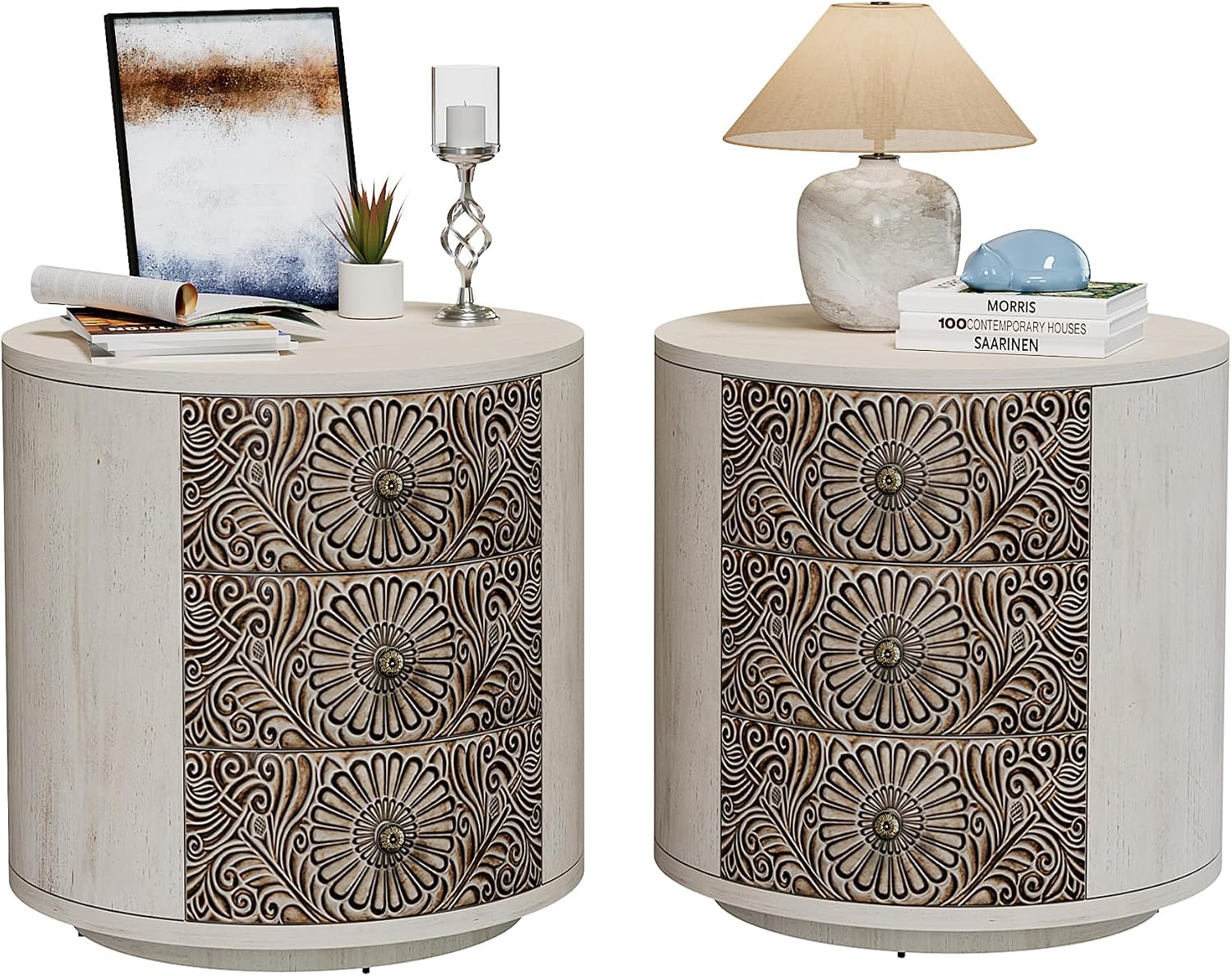 SUNBURY Round Night Stand Set of 2, Farmhouse Bedside Table, Farmhouse End Table, Vintage Wood Nightstand with Drawers, Round Accent Table for Living Room, Bedroom, No Assembly Required