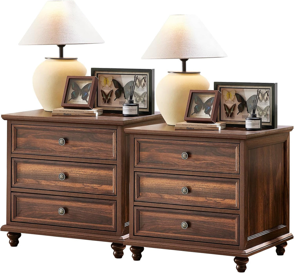 Joaxswe 24' Wide Farmhouse Night Stand Set of 2,Large End Table with 3 Drawers & Metal Handle,Brown Wood Dresser for Bedroom Cabinet, Bed Side Table Chest of Drawers,Nightstand for Living Room,Closet