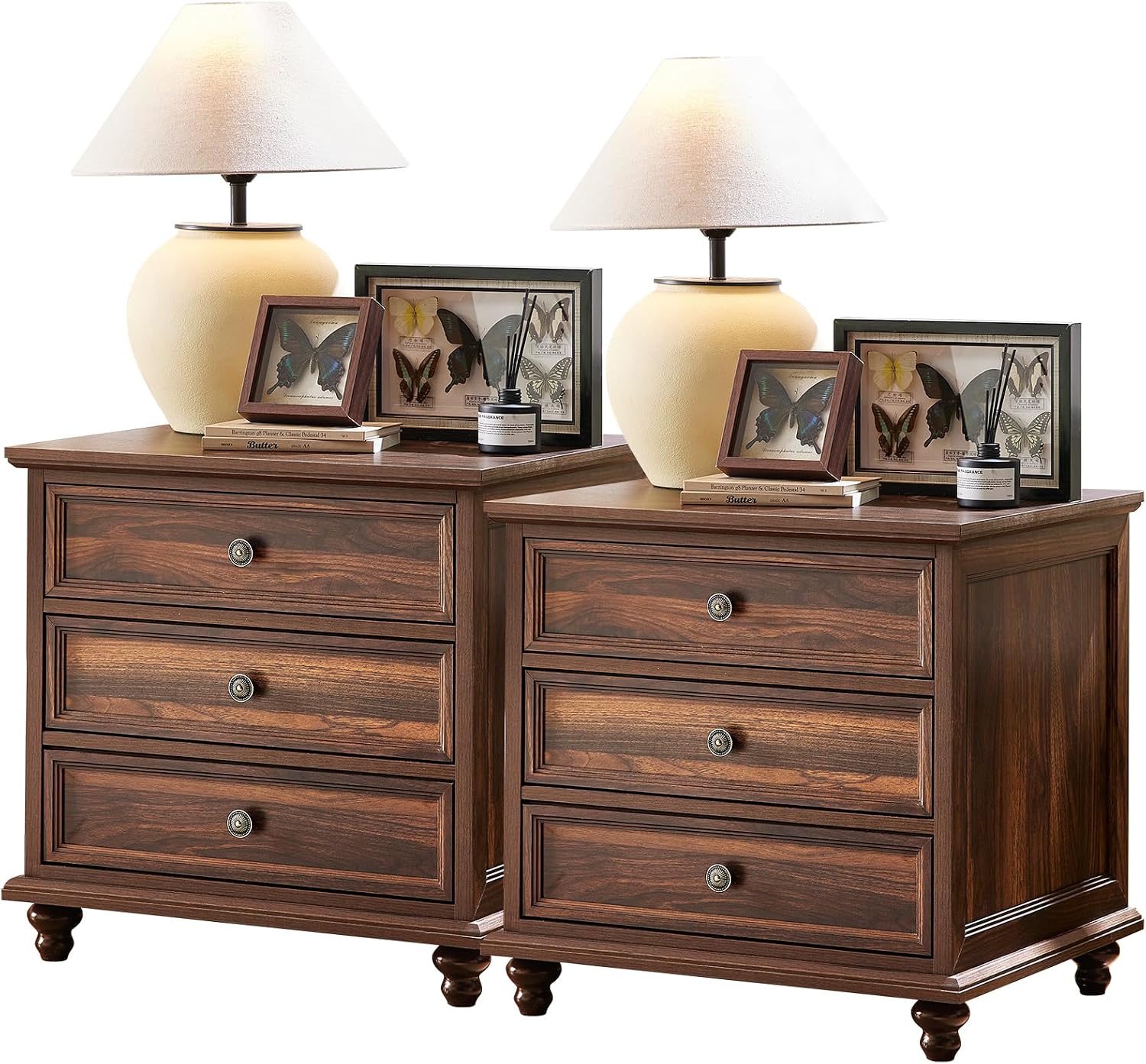 Joaxswe 24' Wide Farmhouse Night Stand Set of 2,Large End Table with 3 Drawers & Metal Handle,Brown Wood Dresser for Bedroom Cabinet, Bed Side Table Chest of Drawers,Nightstand for Living Room,Closet
