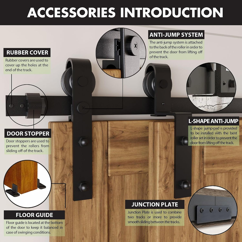 Homacer Black Rustic Single Track Bypass Sliding Barn Door Hardware Kit, for Two/Double Doors, 4ft Long Flat Track, Classic Design Roller,