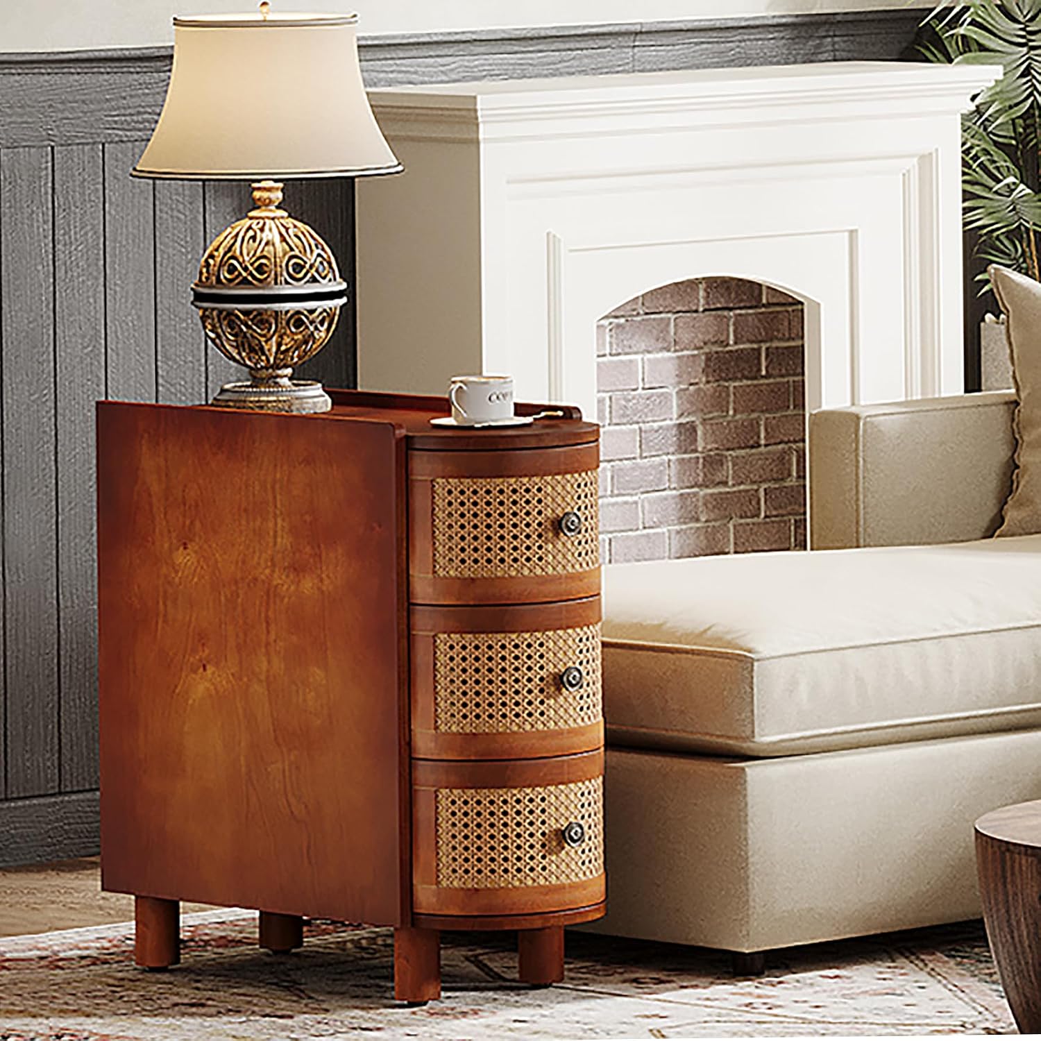 Tribesigns 3-Drawer Rattan End Table, Sofa Side Table with Vintage Embossed Handles, Slim Nightstand for Living Room, Bedroom, Finished Back, No Assembly (Walnut & Oak, 1 PC)