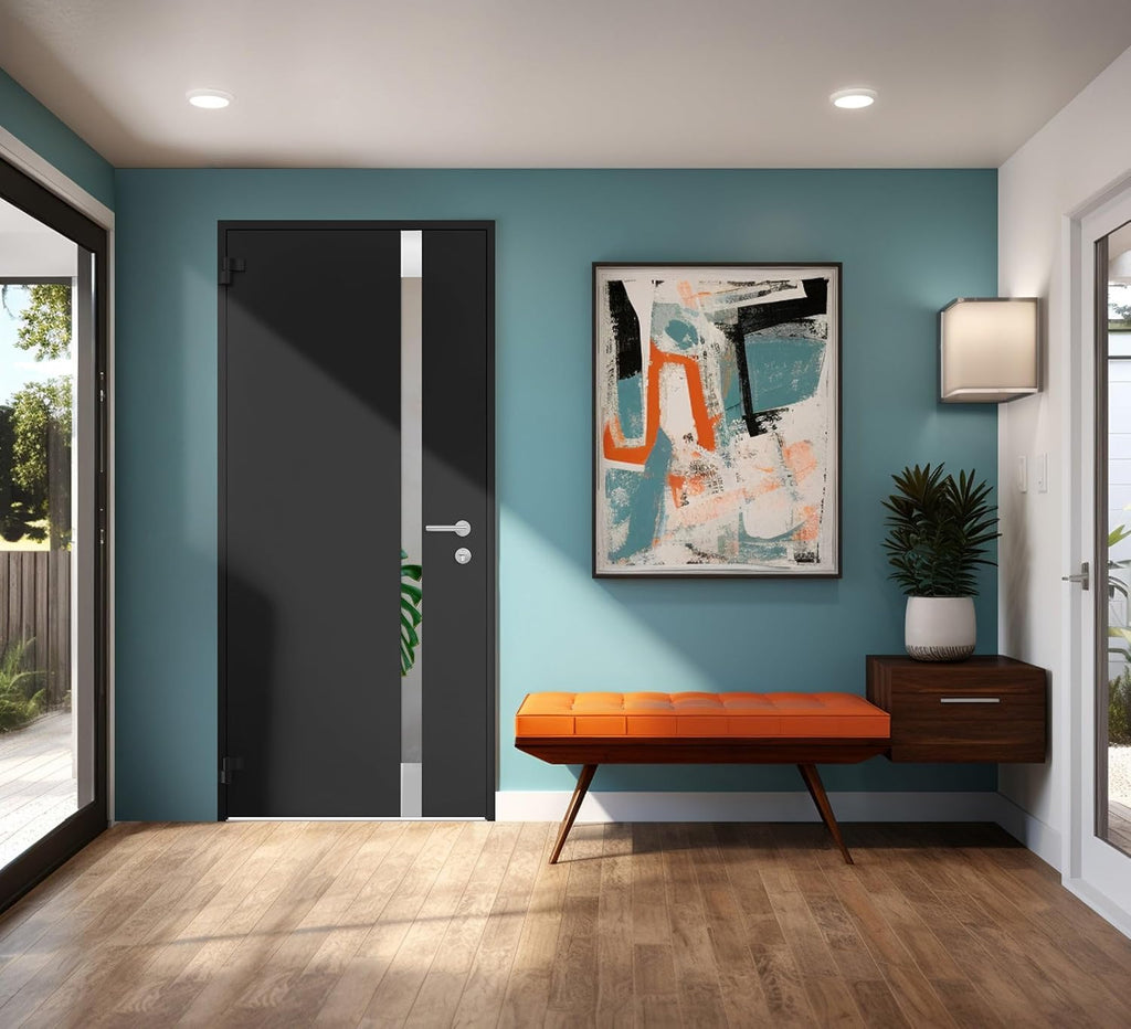 VDOMDOORS Front Exterior Prehung Steel Door/Cynex 6777 Black/Stainless Inserts Single Modern Painted-W36 x H80-Right-hand Inswing
