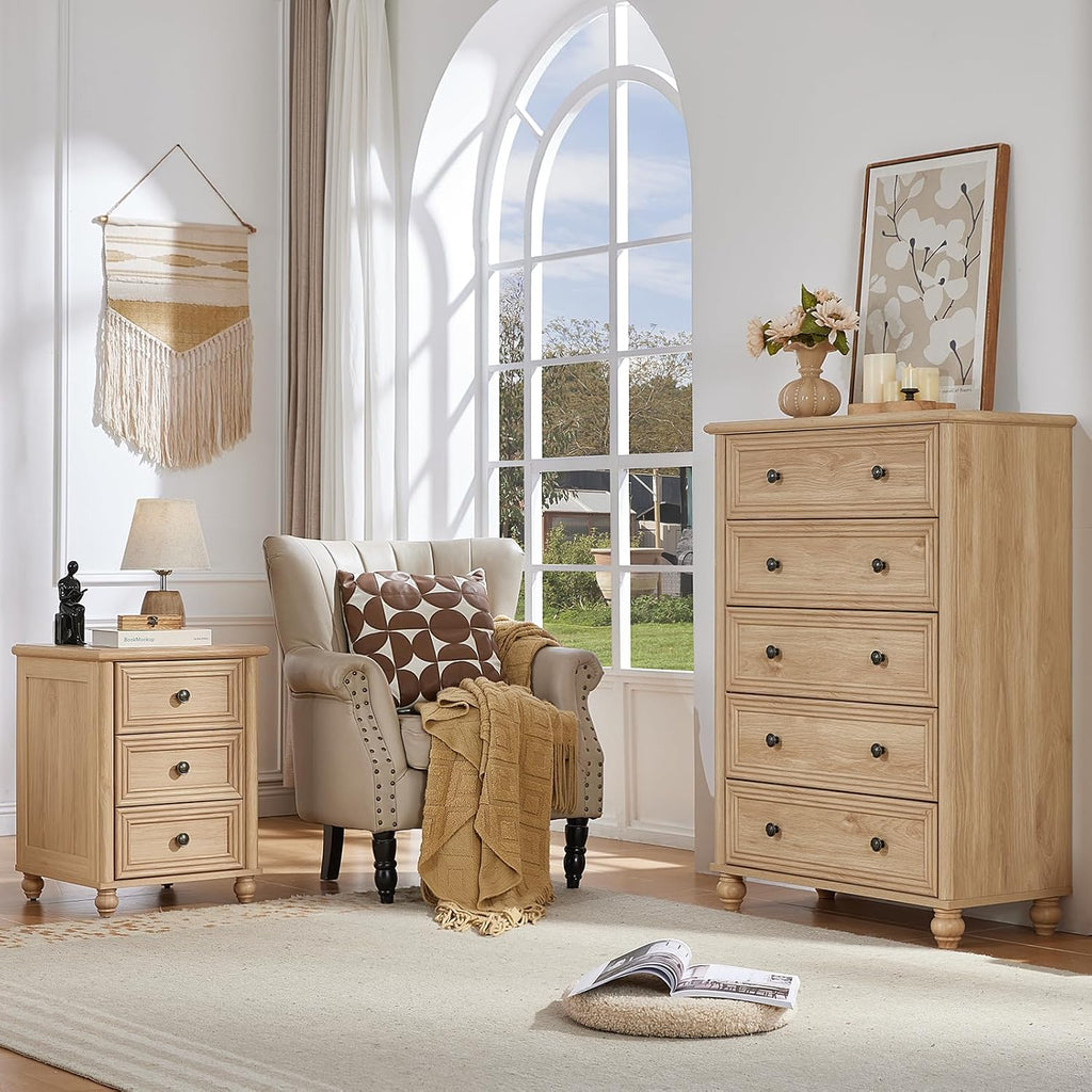 RWYHG 18' Farmhouse Night Stand Set of 2, Natural Wood Nightstand with 3 Drawers, Bedside End Table with Storage and Roman Column, Bed Side Tables Cabinet for Bedroom, Living Room, and Closet