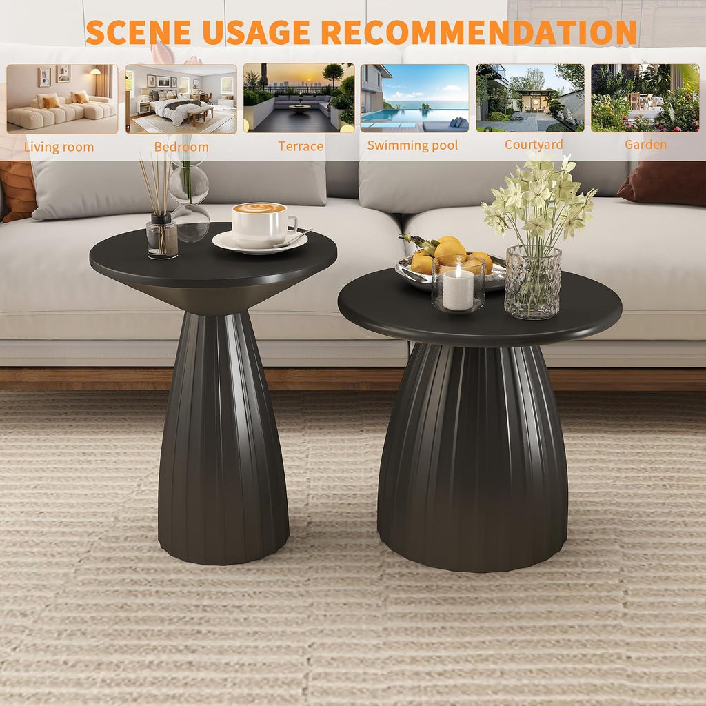 Black Round Side Table Set of 2 for Sofa, Metal Small Circle Couch End Table, Modern Round Nightstand, Mid Century Bedroom Night Stand, for Living Room, Skinny, 15.5 Inches