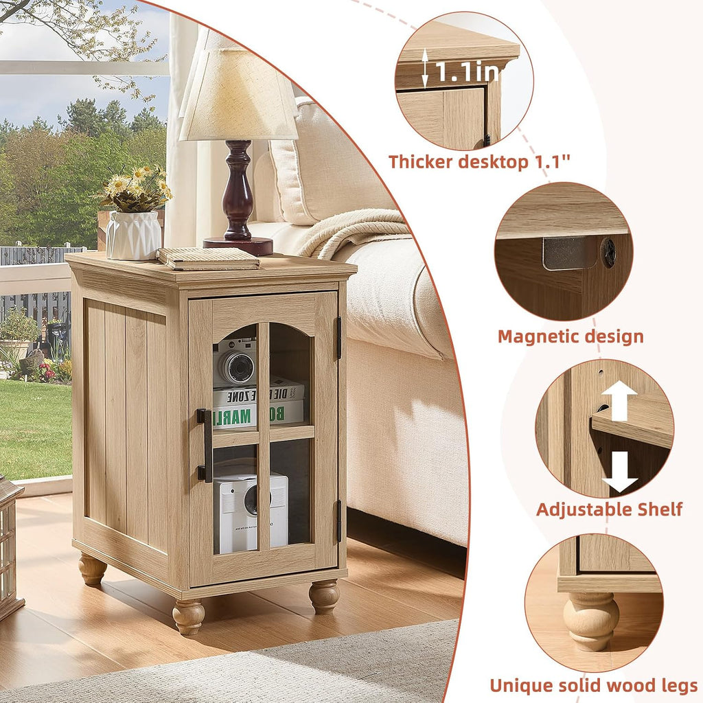 RWYHG End Table Set 2 with Charger Station, 18'' Narrow Nightstand and 24' Large Sofa Side Tables with Glass Barn Door Storage, Farmhouse Night Stands Bedside Table for Living Room,Bedroom