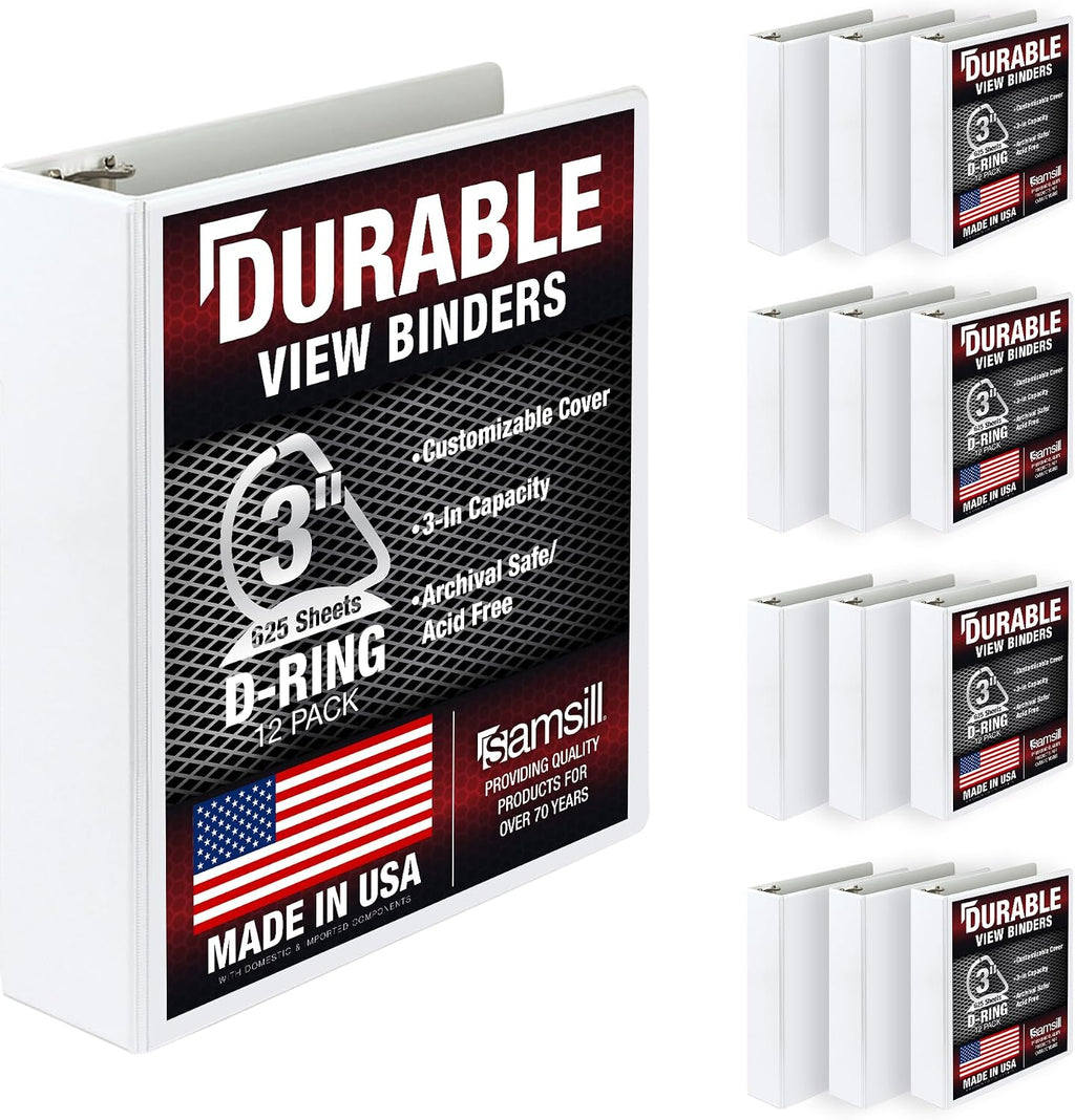 Samsill Durable 3 inch 3 Ring Binder, D Ring Binder, 100% Recycled Chipboard, White, 12 Pack