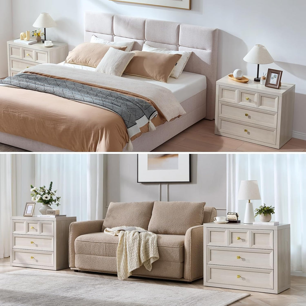3 Drawers Nightstand with Charging Station, 30.7' King Size Bedside Table with 3 Drawers, Accent End Table W/Large Storage, Modern Wood Side Table for Bedroom,Office, Beige (1 Piece, Beige)