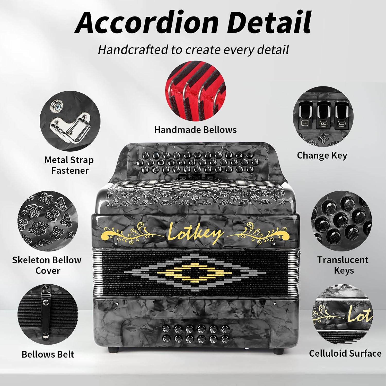 Lotkey 34 Key Diatonic Accordion, 3412 Multi Tone Celluloid Accordions Louder Clearer Timbre than Plastic for Adult, Beginner, Professional with Updated Bag, Straps, Acordeón Wrist Guard (FBE Grey)