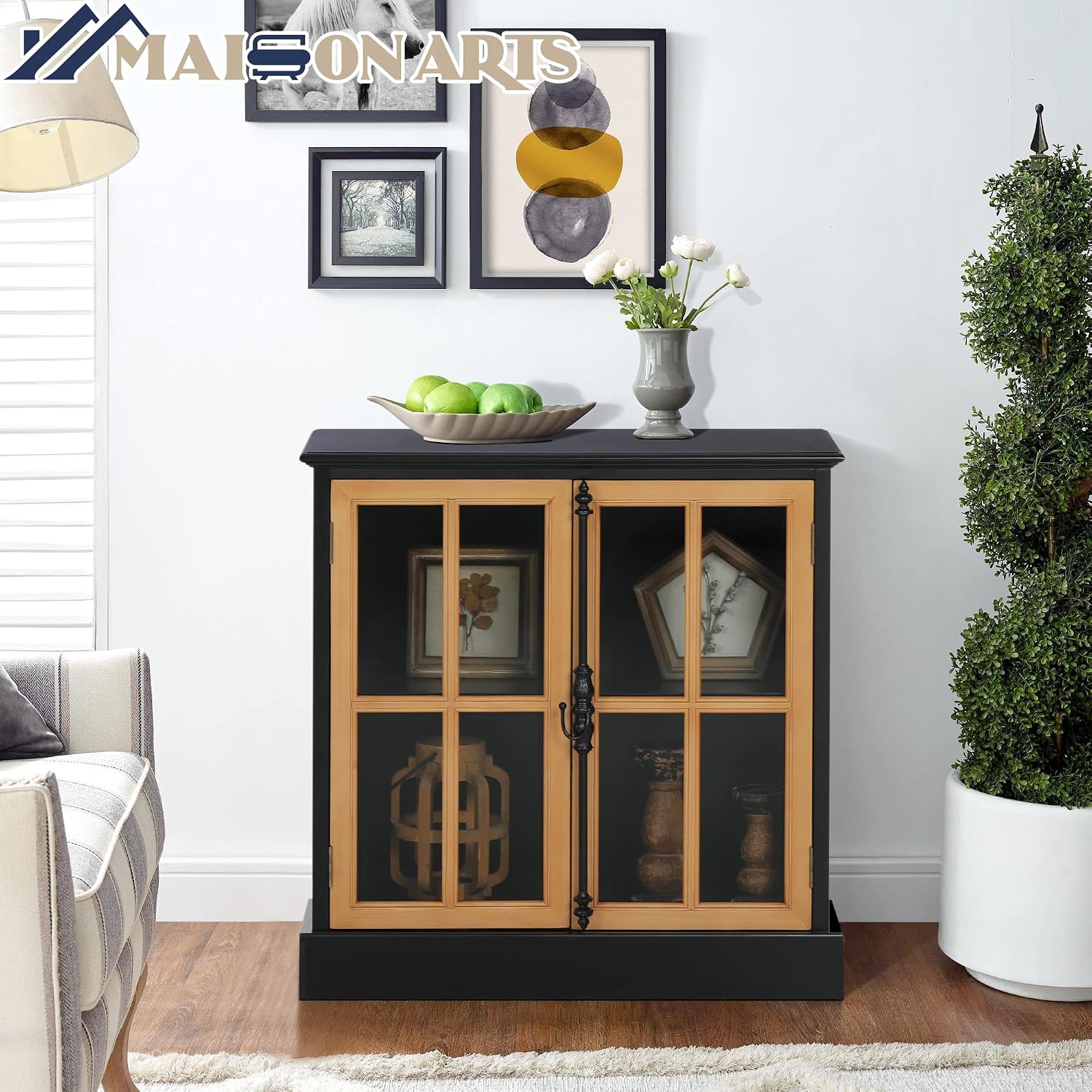 MAISON ARTS Accent Cabinet with 2 Doors, Farmhouse Decorative Storage Cabinet for Entryway Living Room Modern Kitchen Sideboard Buffet Cabinet, Solid Wood Frame, Glass Doors Black