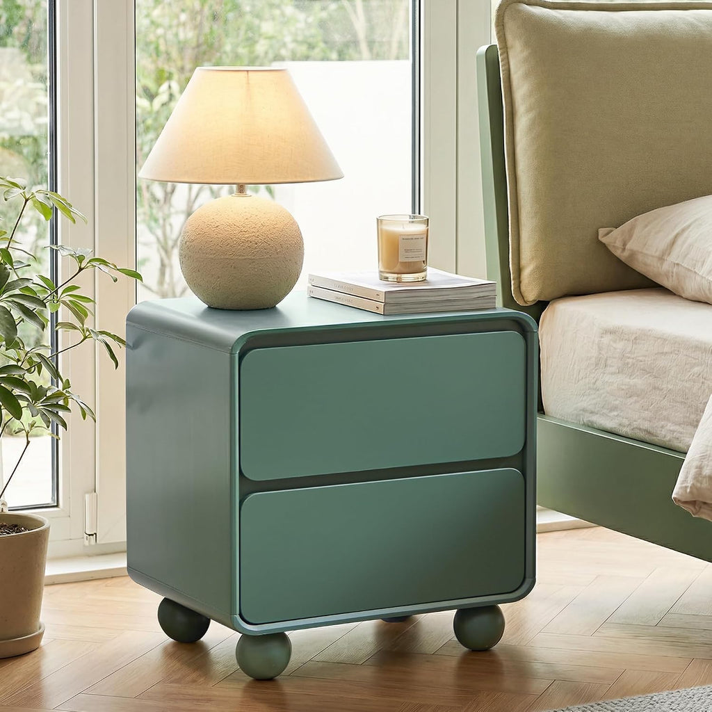 Small Night Stand Set of 2, Mid Century Modern Nightstands with 2 Drawers and Solid Wood Legs, 2 Drawer Dresser Curved Profile Design End Table Side Table for Small Space, Dorm, Bedroom(Green)