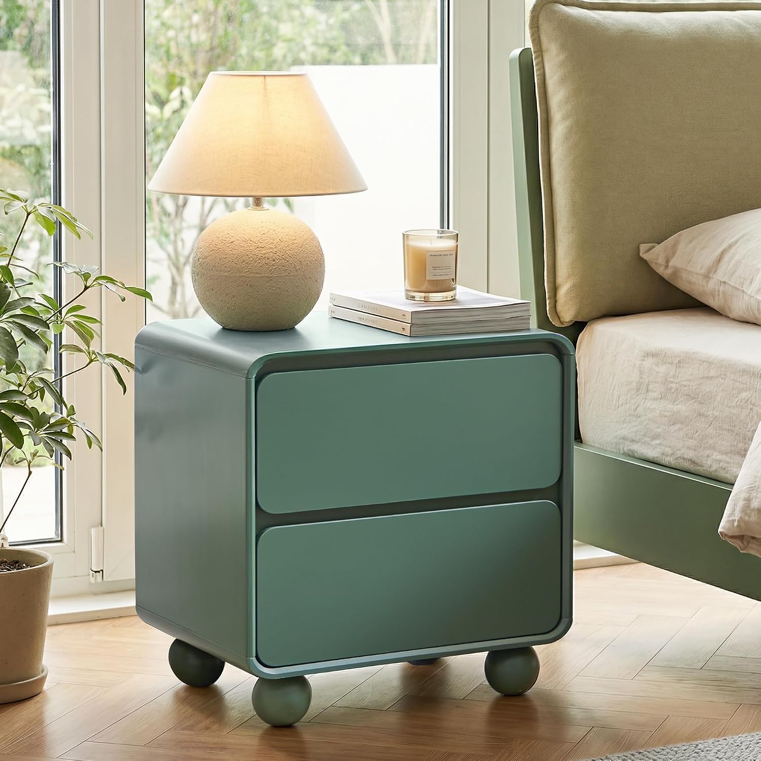 Small Night Stand Set of 2, Mid Century Modern Nightstands with 2 Drawers and Solid Wood Legs, 2 Drawer Dresser Curved Profile Design End Table Side Table for Small Space, Dorm, Bedroom(Green)