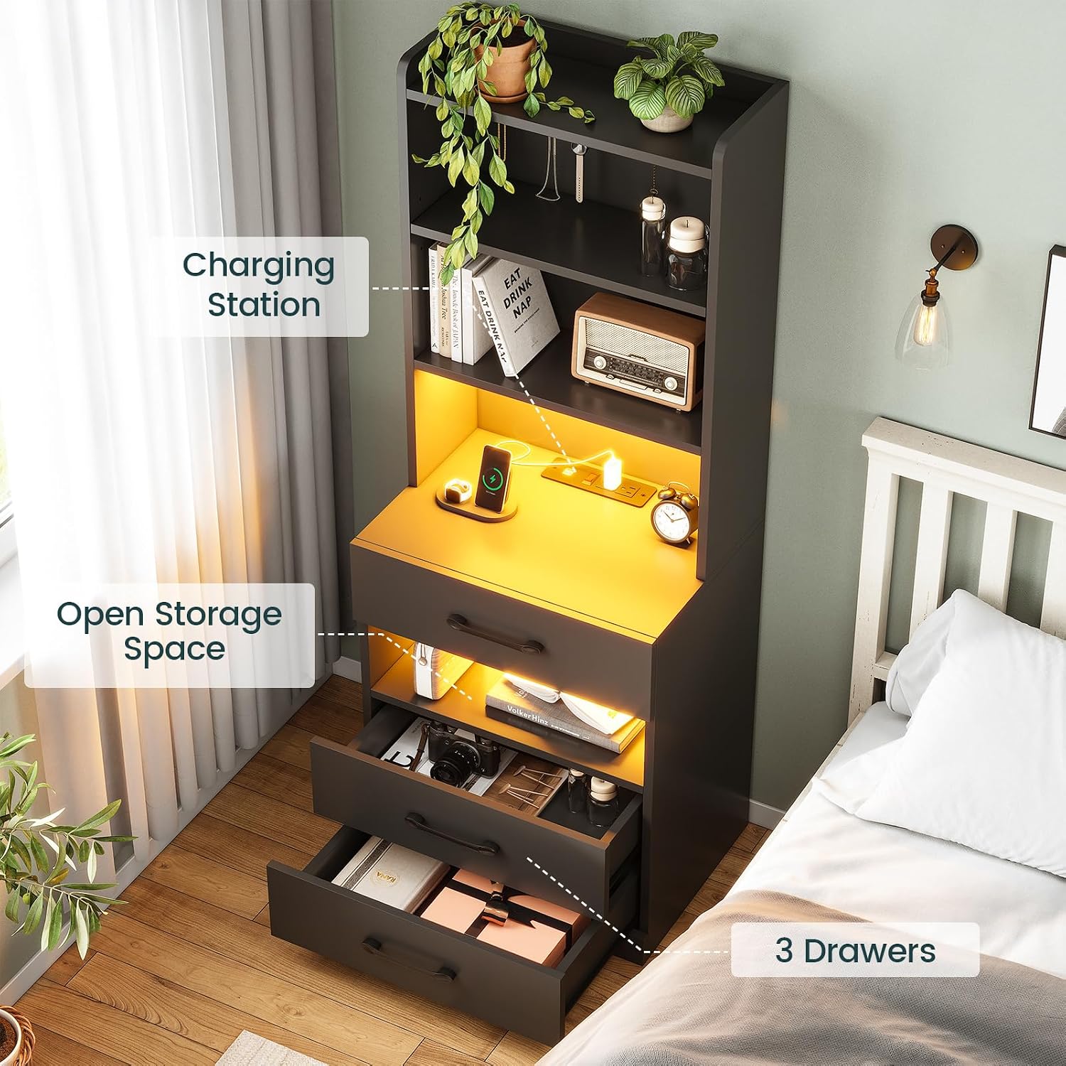 AOGLLATI Tall Night Stand Set of 2 with Charging Station and LED Lights, Black Nightstand with 3 Drawers and Adjustable Shelves, Modern Bedside Table with Bookshelf for Bedroom