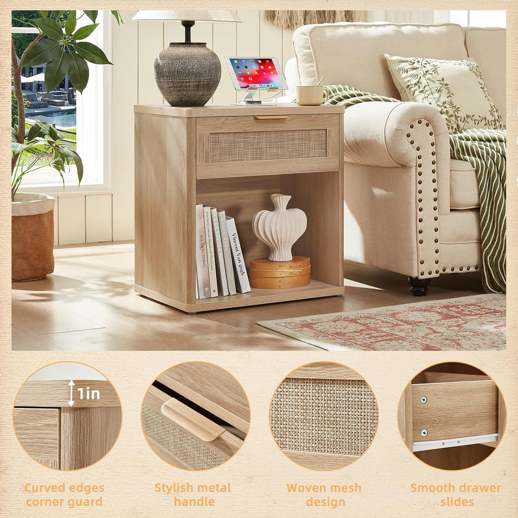 LEYAOYAO Rattan Nightstands Set of 2 with Charging Station, Natural Wood Night Stand with Drawer, 23' Wide Boho Bedside Table with Storage Shelf, Bed Side End Tables for Bedroom, Living Room, Hallway