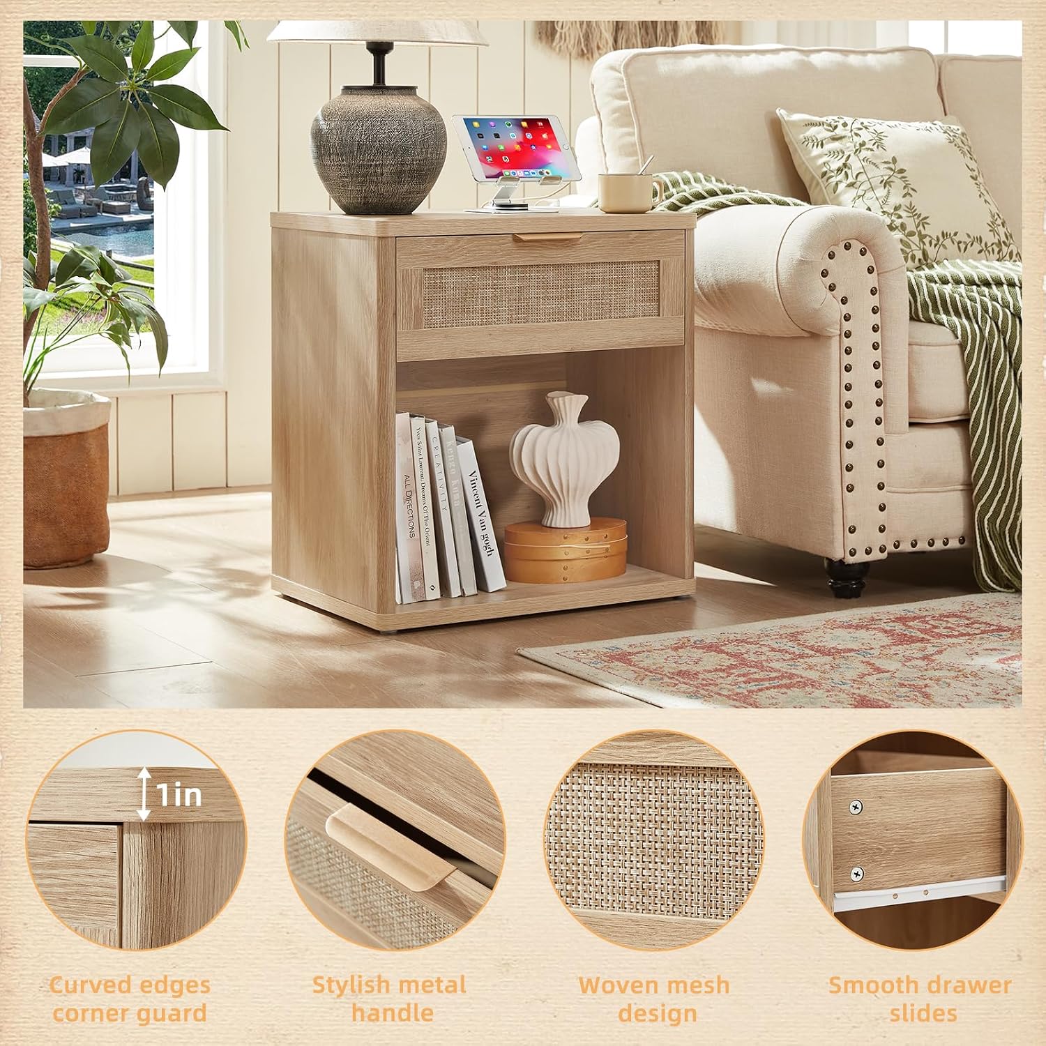 LEYAOYAO Rattan Nightstands Set of 2 with Charging Station, Natural Wood Night Stand with Drawer, 23' Wide Boho Bedside Table with Storage Shelf, Bed Side End Tables for Bedroom, Living Room, Hallway