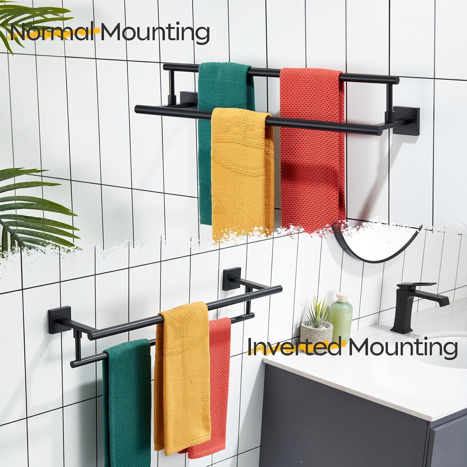 KOKOSIRI 24 Inch Bath Towel Bar Bathroom Towel Rack Free Standing Towel Racks for 2-Tier Towel Holder with Heavy Marble Base Matte Black B5009BK-L24+THS0005-BK