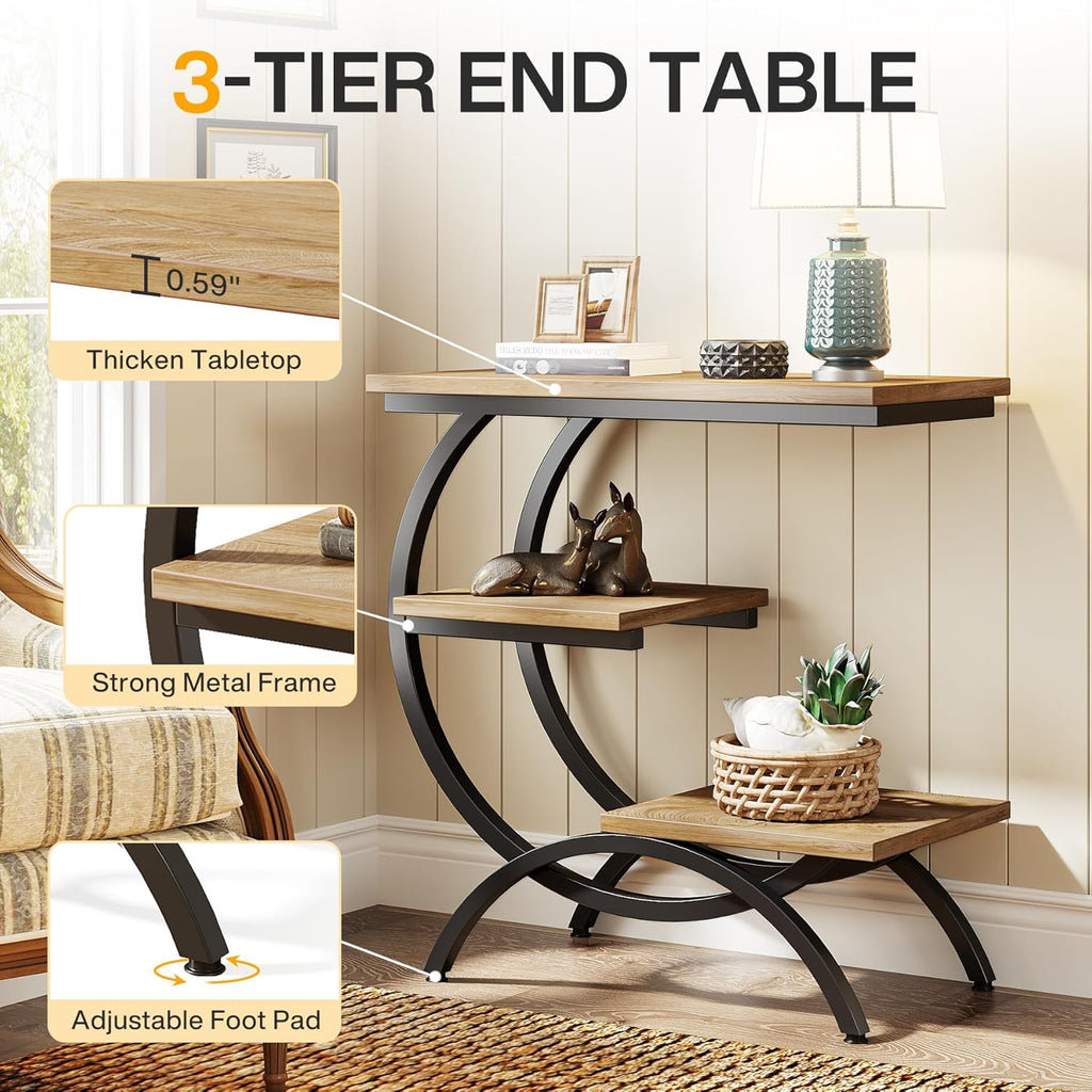 Tribesigns C-Shaped End Table Set of 2, Industrial 3-Tier Small Side Table for Couch, Wood Bedside Table Snack Side Table with Storage Shelves for Living Room Small Space, Light Brown