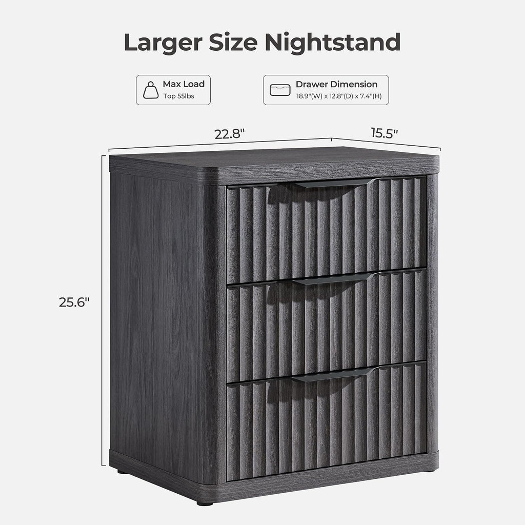 SICOTAS Night Stand Set of 2 Nightstands with 3 Drawers Storage Bedside Table Large Fluted Bed Side End Table Modern 25.6' Tall Wide Night Stands for Bedroom Living Room Sofa Couch Office