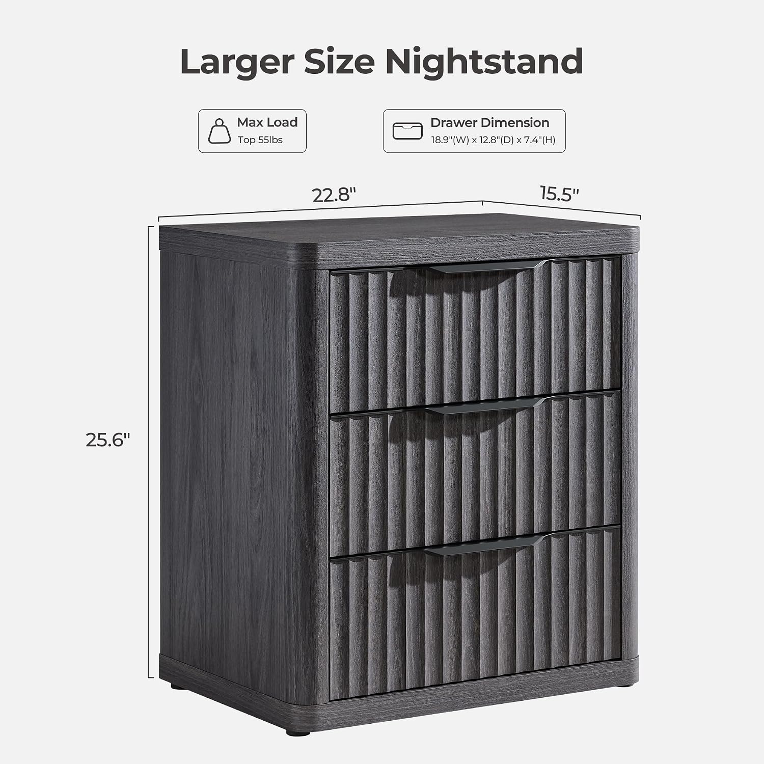 SICOTAS Night Stand Set of 2 Nightstands with 3 Drawers Storage Bedside Table Large Fluted Bed Side End Table Modern 25.6' Tall Wide Night Stands for Bedroom Living Room Sofa Couch Office