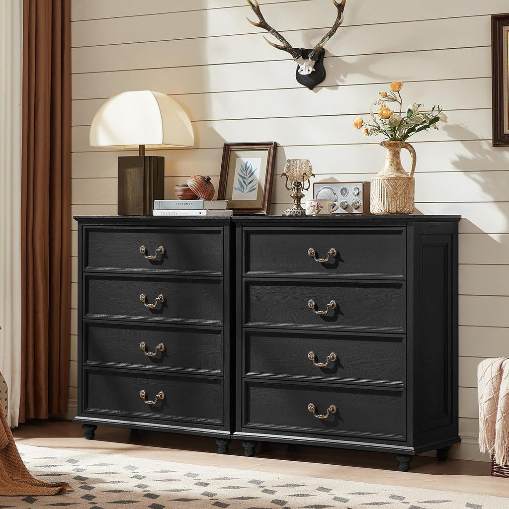 Joaxswe Farmhouse 4 Drawer Dresser for Bedroom, 37' Tall Rustic Chests of Drawers w/ 4 Solid Wood Feet, Mid Century Modern Wooden Closet Storage Dressers Organizer for Living Room, Hallway, Black