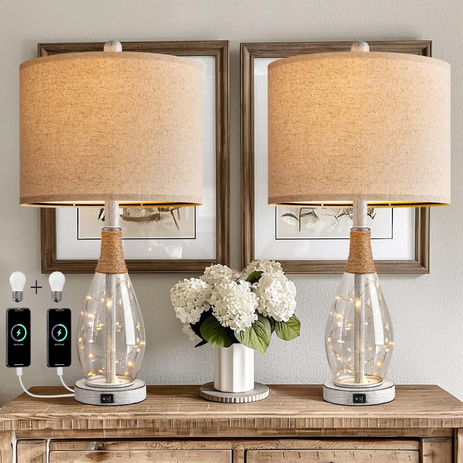 OYEARS 23' Table Lamps for Living Room Set of 2 Bedside Lamps for Night Stands Bedroom Lamps Farmhouse Rattan Boho Lamp Glass Nightlight End Table Lamp with USB C+A (White),Two Light Points