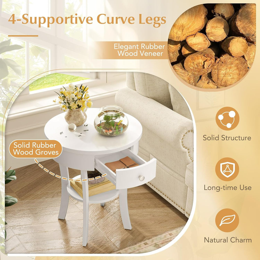 GOFLAME Round End Table with Drawer Set of 2, Sofa Side Table with Solid Wood Legs, Open Storage Shelf, Vintage Accent Table, Display Table, 2-Tier Compact Nightstand for Living Room, White