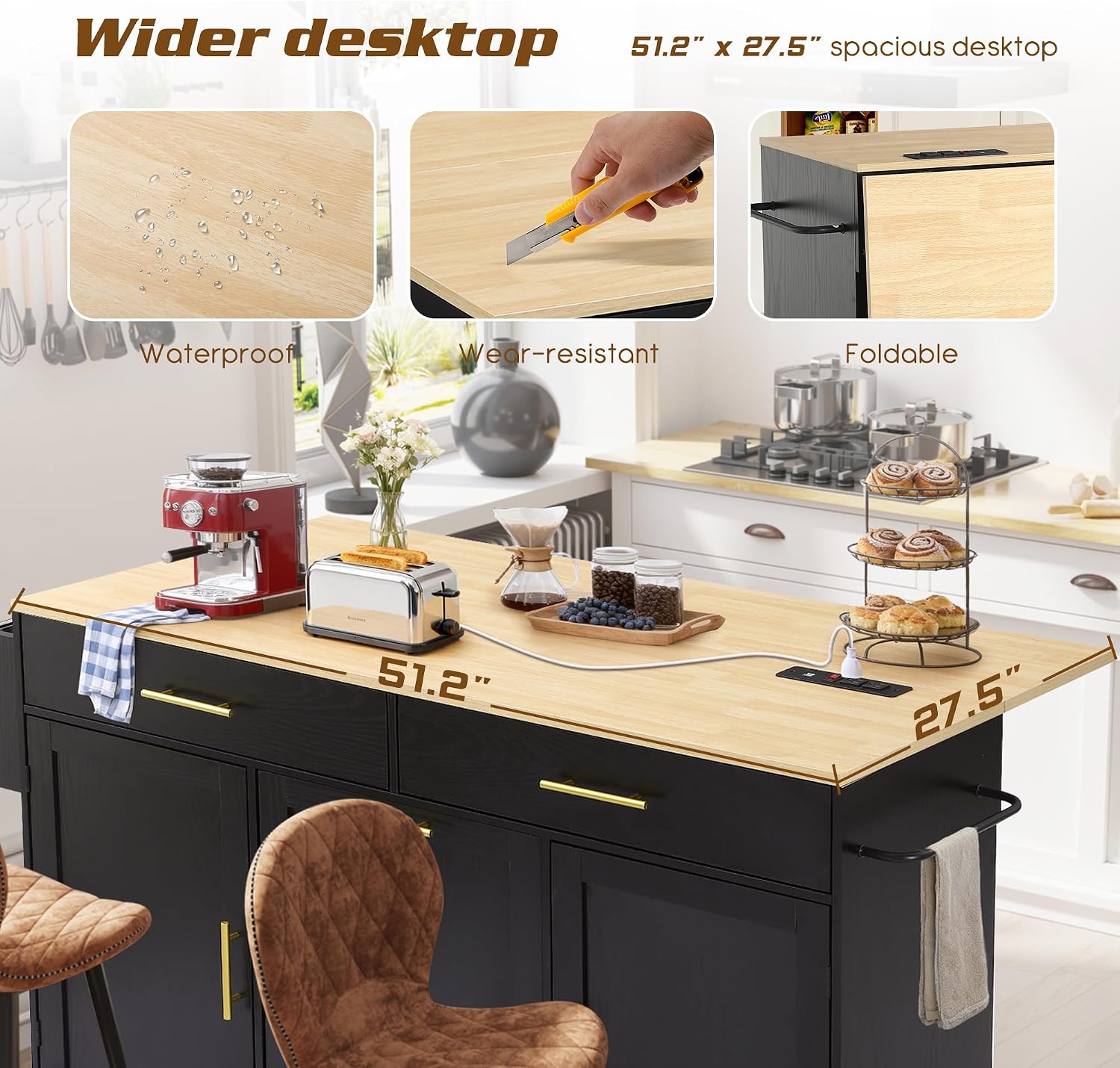 60' Kitchen Island with Power Outlet & Drop Leaf, Rolling Kitchen Island Table Cart w/Trash Can Storage Cabinet, Mobile Kitchen Cabinet on Wheels w/Drawers, Spice Rack, Towel Bar, Hooks (Black)