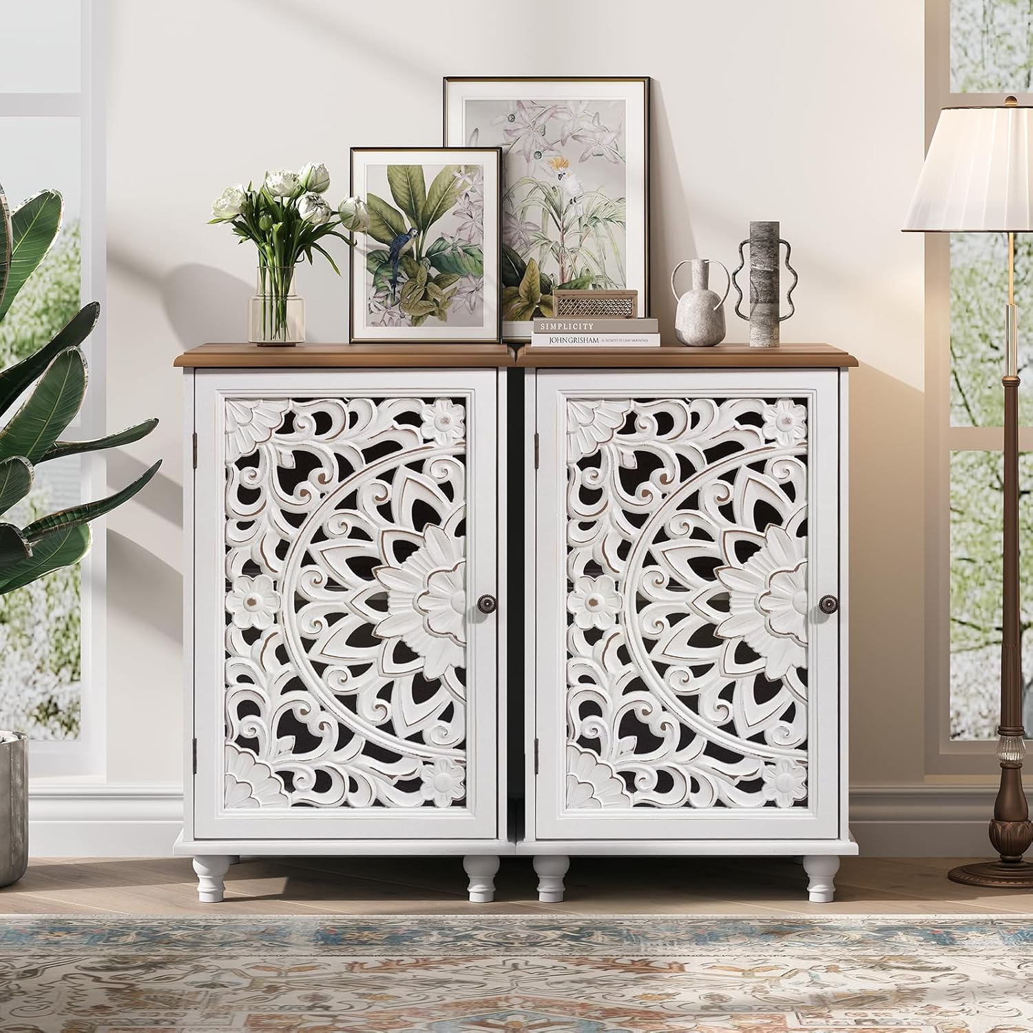 JOINICE Small Accent Cabinet with Carved Mandala Door, White Storage Cabinet with Solid Wood Legs & Adjustable Shelf, Boho Distressed End Table for Living Room, Bedroom, Entryway Side Table