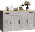 SUNLEI Kitchen Storage Cabinets, Farmhouse Buffet Cabinet with 4 Doors and 3 Drawers, Sideboard Small Storage Cabinet with Adjustable Shelf, for Kitchen, Dining Room & Living Room, Grey