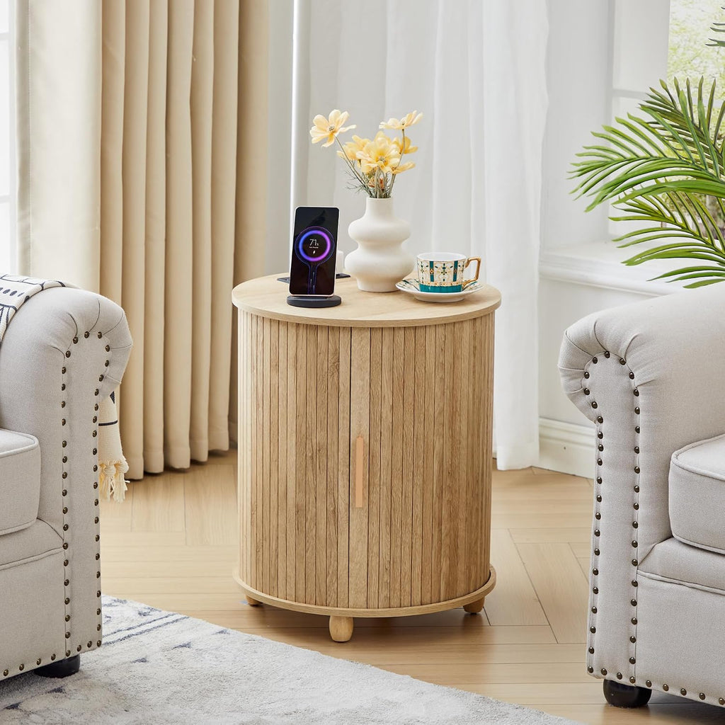 Set of 2 Fluted Round End Table with Charging Station, Small Farmhouse Sofa Side Table with Sliding Tambour Door & Storage, Mid-Century Wood Fulted Nightstands for Living Room, Bedroom (Natural)
