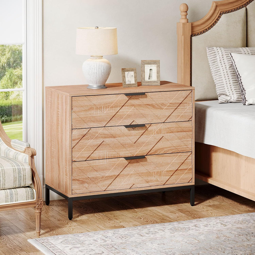 Tribesigns Wooden Nightstand with 3 Drawers, 31' Wide Night Stand with Metal Legs, Modern Large Bedside End Table for Bedroom, Living Room