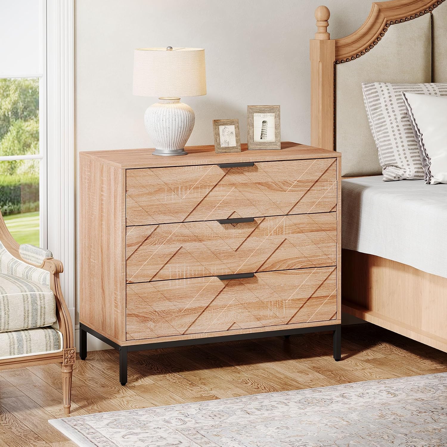 Tribesigns Wooden Nightstand with 3 Drawers, 31' Wide Night Stand with Metal Legs, Modern Large Bedside End Table for Bedroom, Living Room