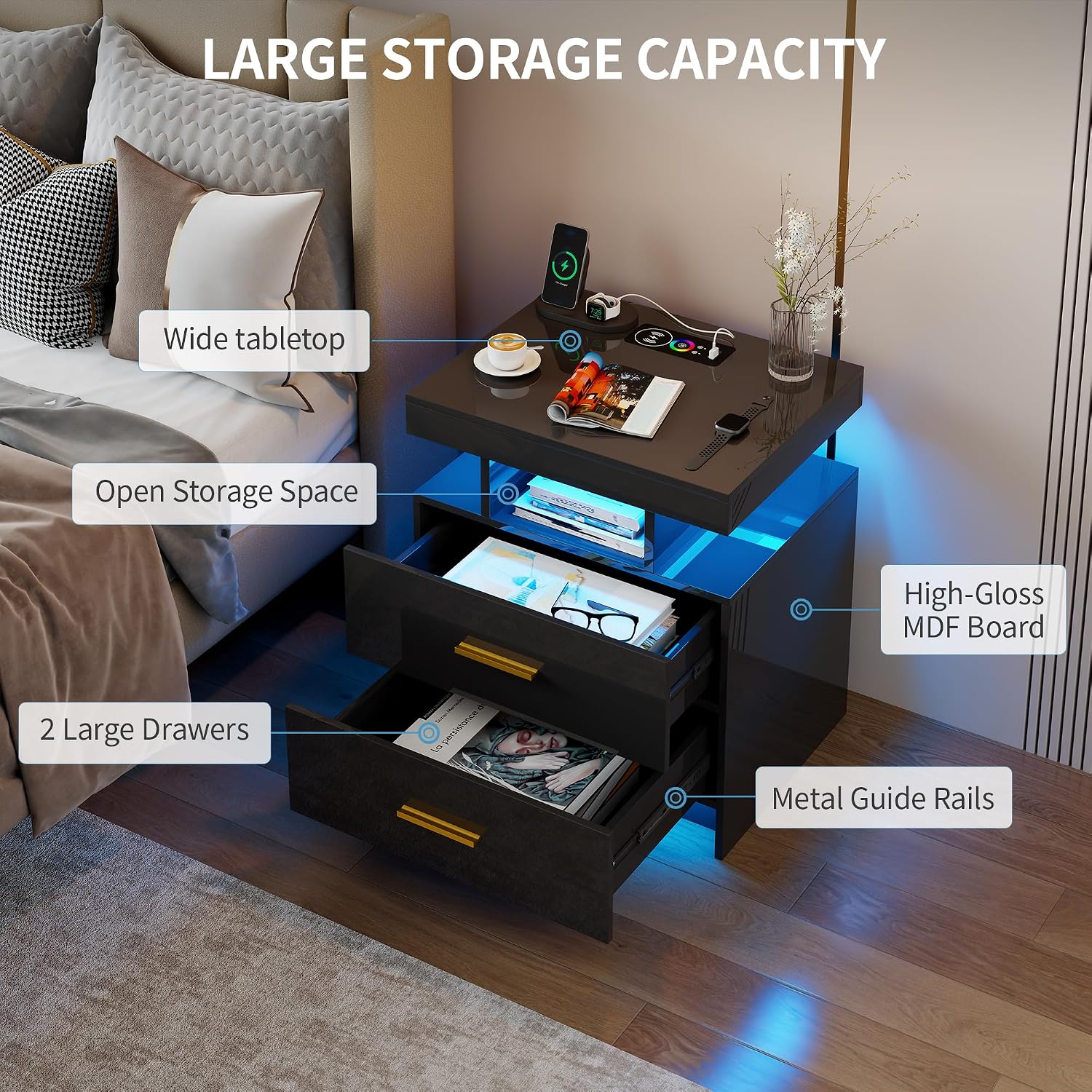 Smart Night Stand Set of 2 with Charging Station, Modern Black Nightstand with 24 Color Lights and 2 Drawers, LED Bedside Tables with Auto Senor,High Gloss End Side Table for Bedroom