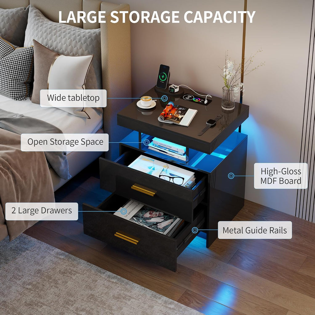 Smart Night Stand with Charging Station, Modern Black Nightstand with 24 Color Lights and 2 Drawers, LED Bedside Tables with Auto Senor,High Gloss End Side Table for Bedroom