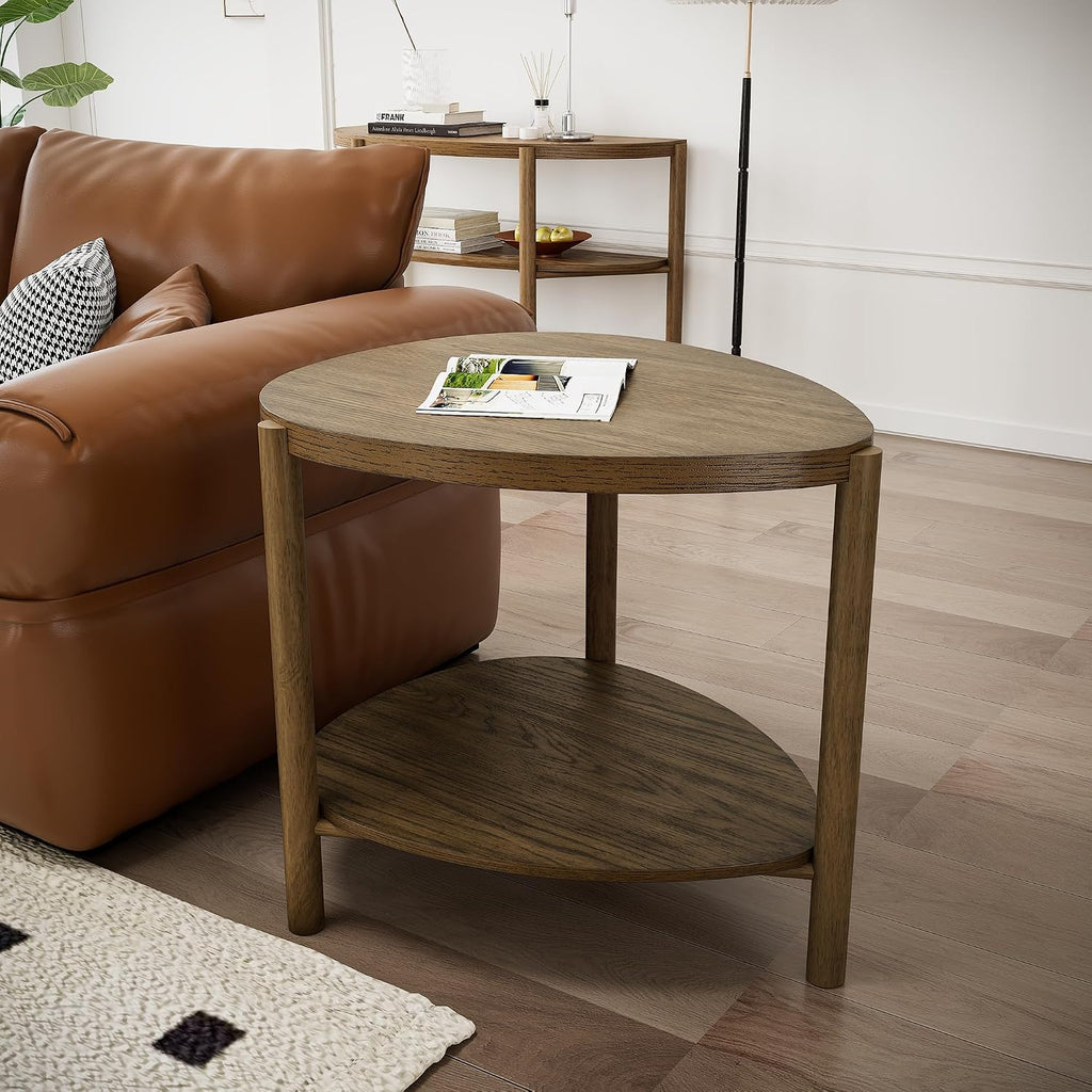 2-Tier Solid Wood End Table with Storage Waterdrop-Shaped Side Table Nightstand for Bedroom Modern Rustic Drink Table for Living Room, Brown