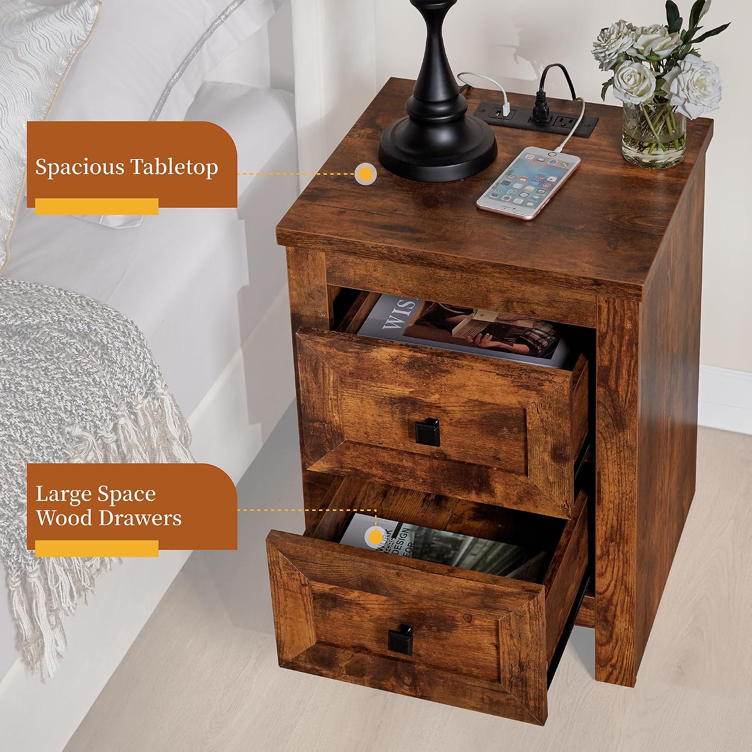 AMERLIFE Nightstand Set of 2 with Charging Station, Rustic Bedside Table with Drawers Storage, Farmhouse Wood Night Stand for Bedroom, Rustic Brown