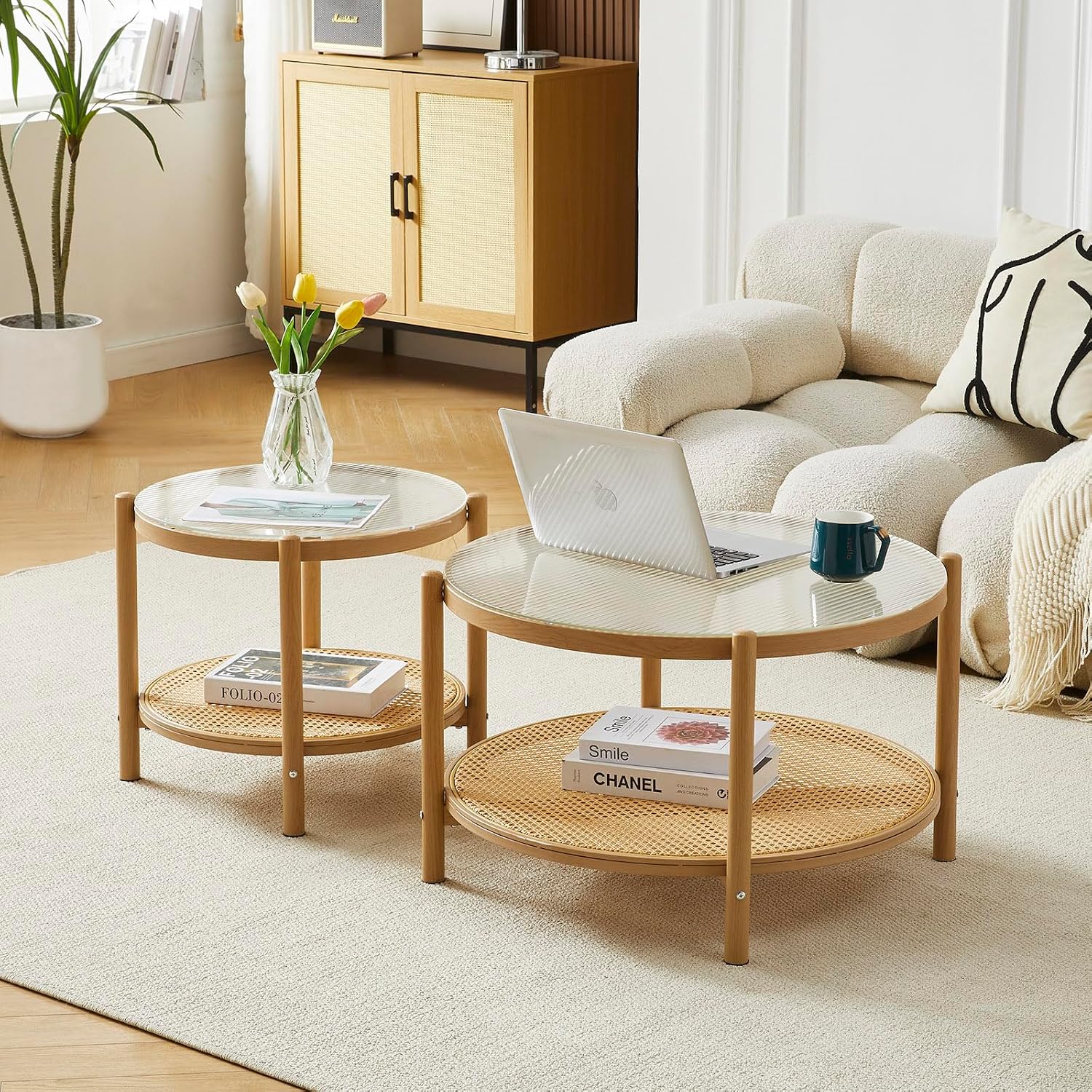 Boho Rattan Coffee Table Set of 2, Round Glass Living Room Table Set, Modern Simple 2 Tier Middle Center Table for Small Space Living Room Bedroom Office Meeting Room