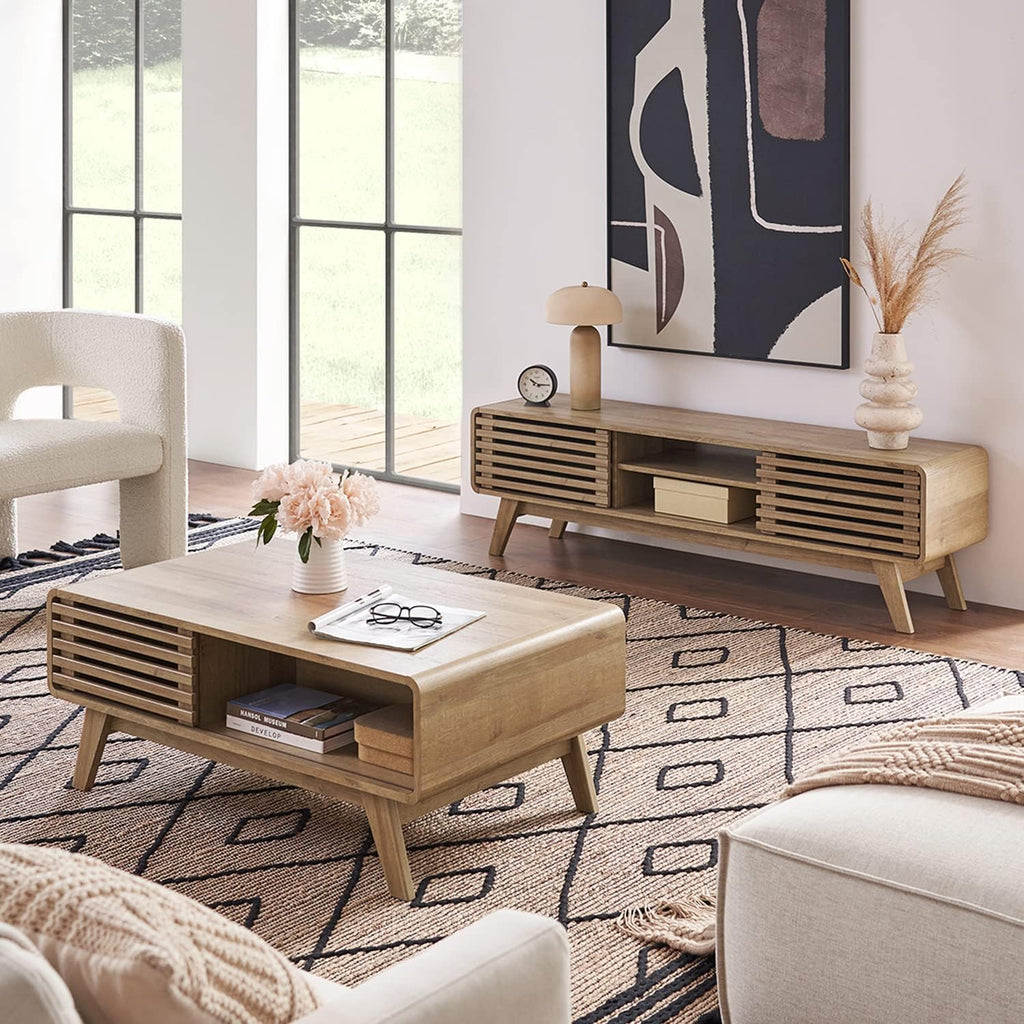 mopio Ensley Coffee Table with Storage, Mid Century Modern, Farmhouse Wood Coffee Table for Living Room Fluted (Oak)