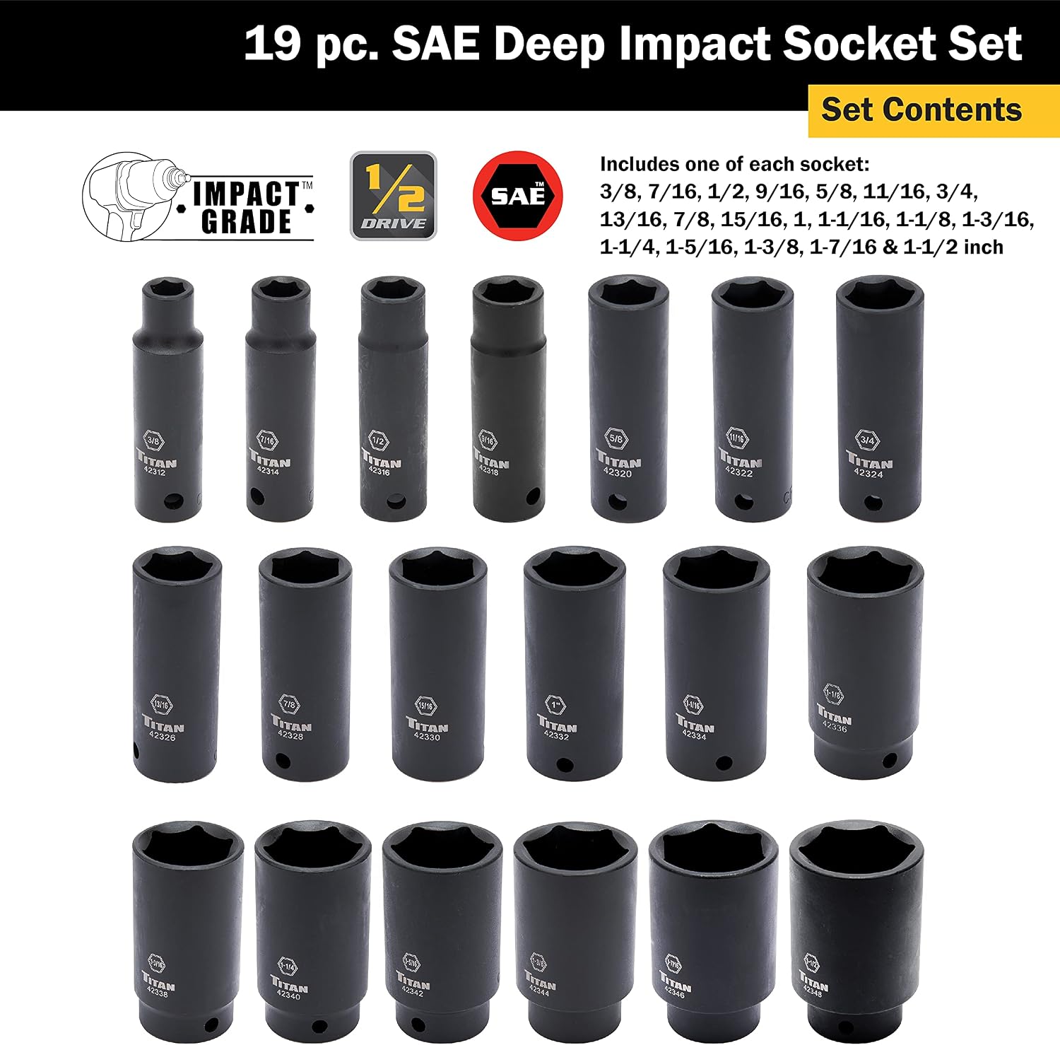 Titan 42319 19-Piece 1/2' Drive SAE Deep Impact Socket Set