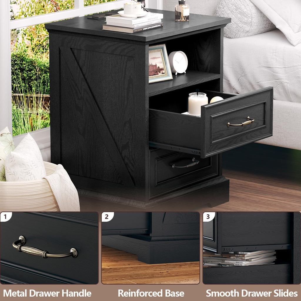 Nightstand with Charging Station,18' Wide End Table with 2 Large Drawers & Metal Handles,Rustic Farmhouse Wood Small Dresser,Bedside Table,Modern Chest of Drawers for Bedroom,Living Room,Black