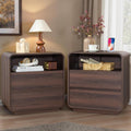 Standifurno Walnut Curved Nightstand Set of 2 with Charging Station, 23.2' Wide Wood Bedside Table 2 Storage Drawers, Modern Side Table Handleless, Large End Table Night Stand for Bedroom
