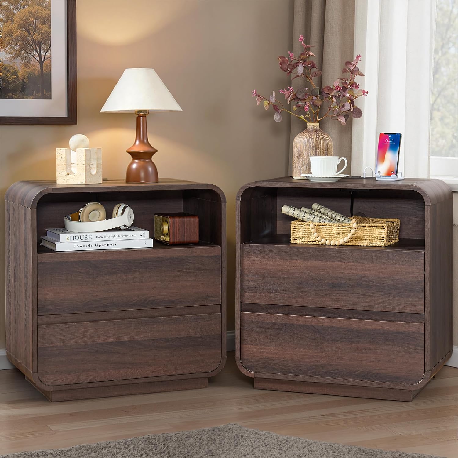 Standifurno Walnut Curved Nightstand Set of 2 with Charging Station, 23.2' Wide Wood Bedside Table 2 Storage Drawers, Modern Side Table Handleless, Large End Table Night Stand for Bedroom