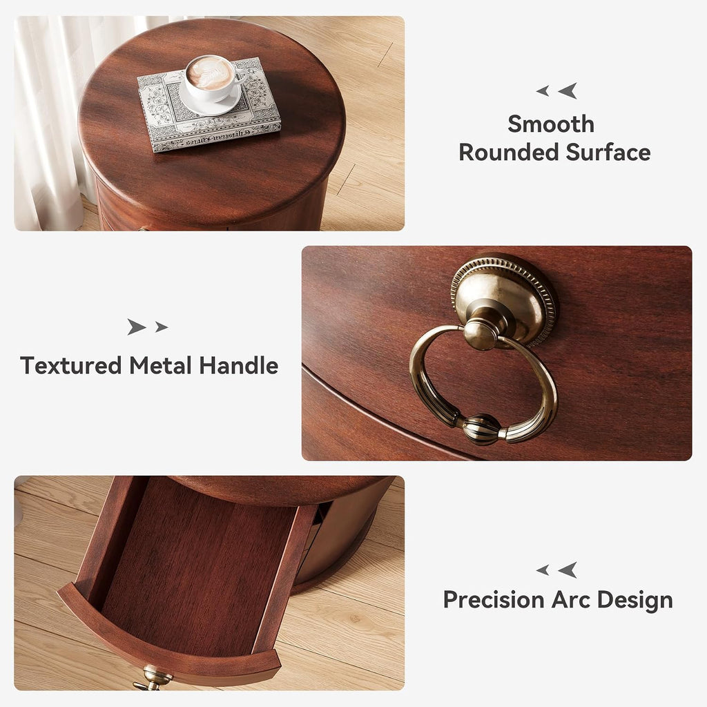 LITTLE TREE Small Side Table, Round Solid Wood End Table with Storage for Living Room, Mid Century Modern Nightstand with 4 Drawers for Bedroom, Small Spaces, Couch, Bedside, No Assembly Required