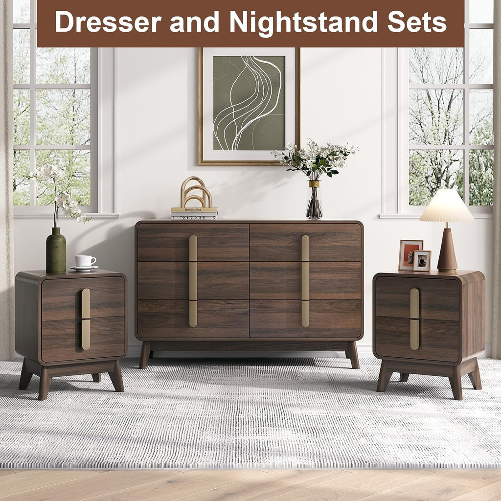 JOINICE, Nightstands Set of 2, Mid Century Modern Nightstand with Drawers, Bedside Tables with Solid Wood Legs, End Side Tables for Bedroom, Small Space,Walnut