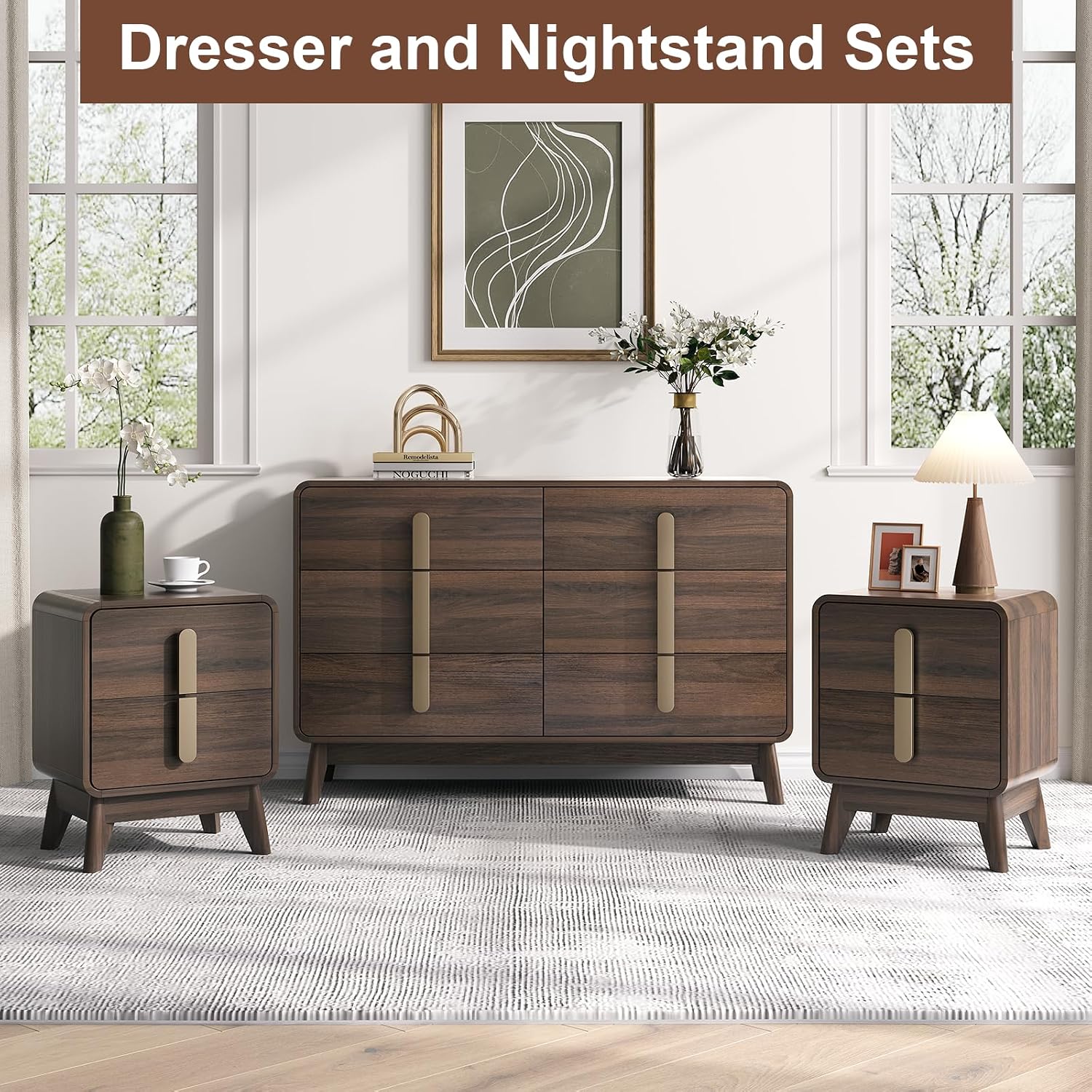 JOINICE, Nightstands Set of 2, Mid Century Modern Nightstand with Drawers, Bedside Tables with Solid Wood Legs, End Side Tables for Bedroom, Small Space,Walnut