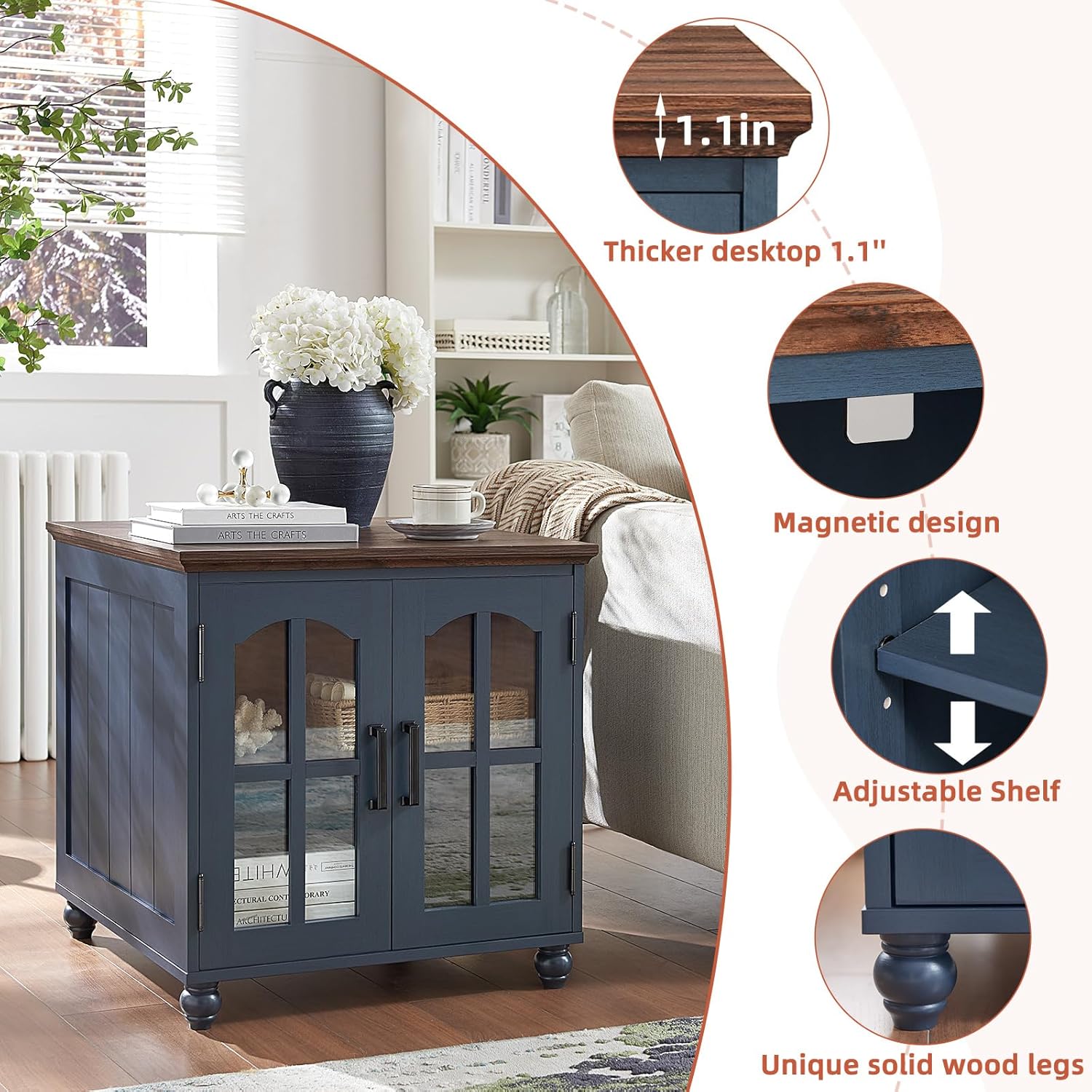 RWYHG Farmhouse Coffee and end Tables 3-Piece Set,Wood 48' Center Table with 4 Drawers,Large Sofa Side Table with Charging Station & with Glass Barn Door Storage for Home Living Room Hallway,Blue