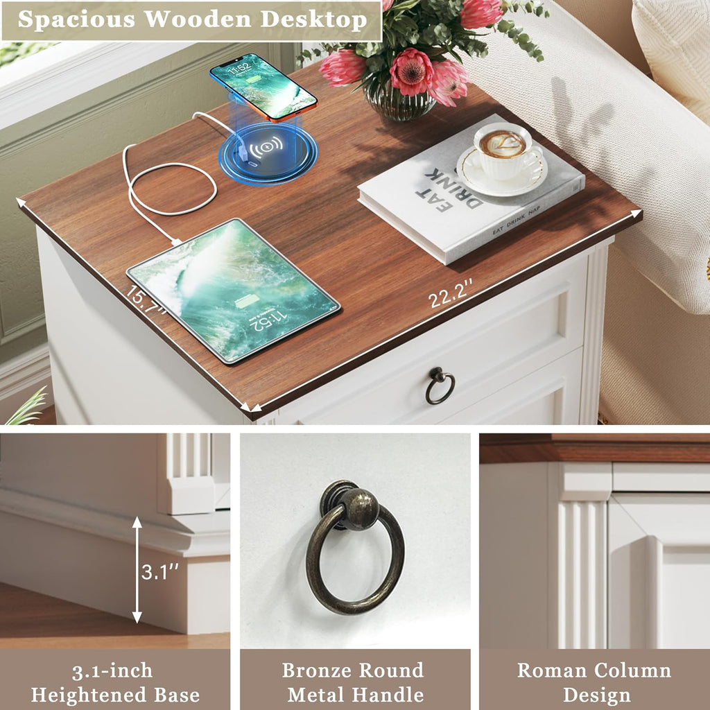 HUAHUU Farmhouse Nightstand Set of 2, Side Table with Wireless Charging Station, Wood Rustic End Table with Roman Column & Metal Handle for Bedroom, White